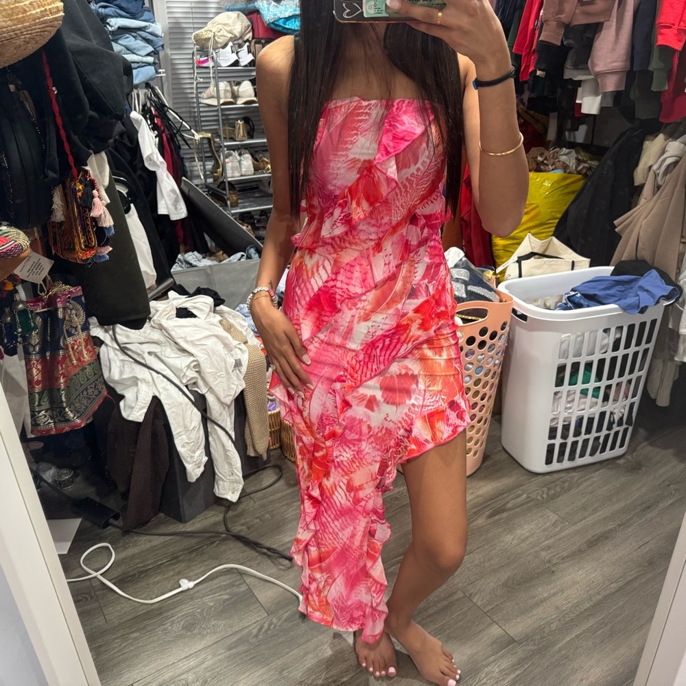 Shein Pink and Orange Strapless Ruffle Mesh High Low dress Size XS